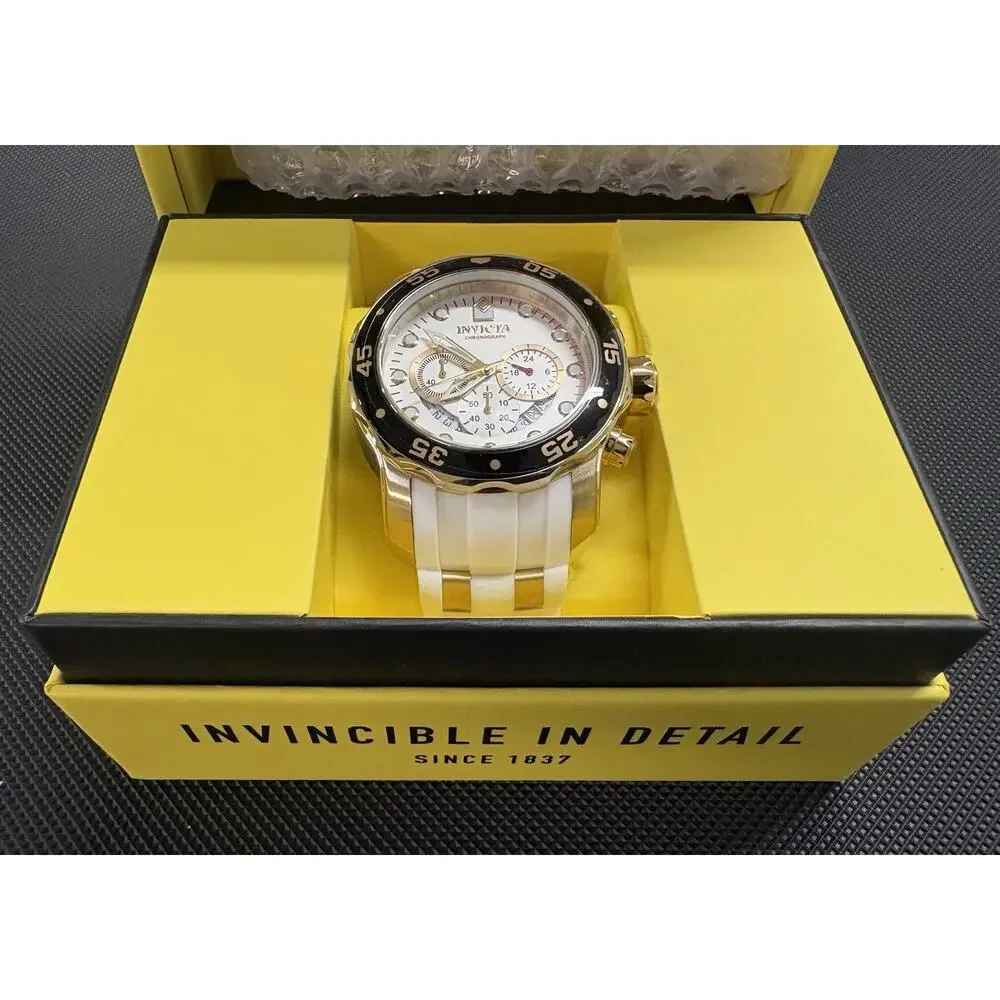 Invicta Mens Pro Diver SCUBA Chronograph 18Kt Gold Silver Dial White Strap Watch